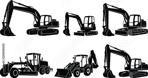 Foto Heavy Construction Machinery Vector Icon Set Featuring Black Silhouette Shapes o