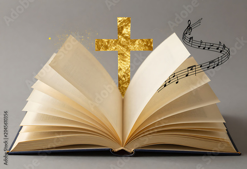Golden holy book with musical notation and spiritual birds isolated
