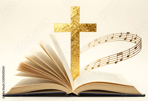 Gospel music praise concept featuring open scriptures and cross