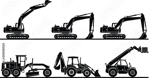 Tableau sur toile Heavy Construction Machinery Vector Icon Set Featuring Black Silhouette Shapes o