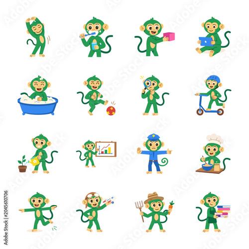 Canvas Print Creative monkey icons featuring shopping, gardening, baking, detective, scooter riding, business charts, and adventure themes