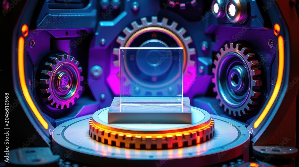 Fototapeta premium Futuristic display pedestal. Glowing cube center complex mechanical structure. Dark background vibrant colors. Technology concept.