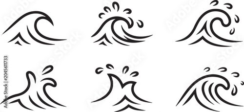Tableau sur toile Waves of ocean water line icons set of sea tide splashes