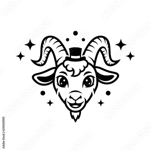 Obraz na płótnie Black line drawing of a goat with large horns, goofy smile, top hat, and sparkli