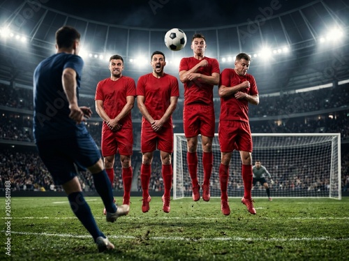 Professional Soccer Player Taking a Free Kick Against a Defensive Wall in a Large Stadium