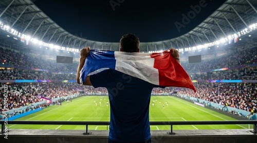 French Football Fan Holding National Flag at a Crowded Stadium Match