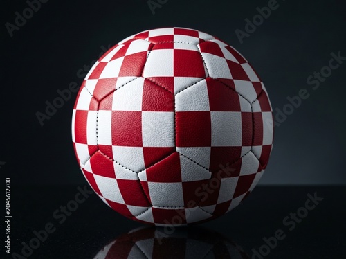 Red and White Checkered Soccer Ball on Dark Background