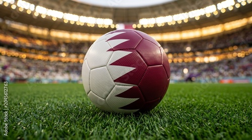 Soccer Ball with Qatar Flag Pattern on Stadium Grass Pitch