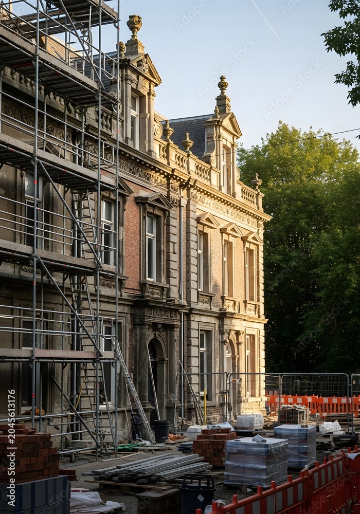Fototapeta premium Historic Victorian Mansion Facade Under Restoration Scaffolding