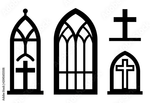 Gothic church windows and Christian cross silhouette icons set