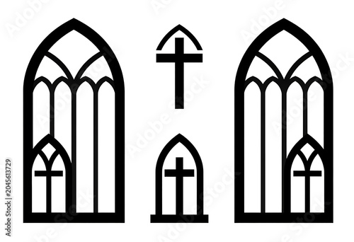 Christian religious arch windows and holy cross line art symbols