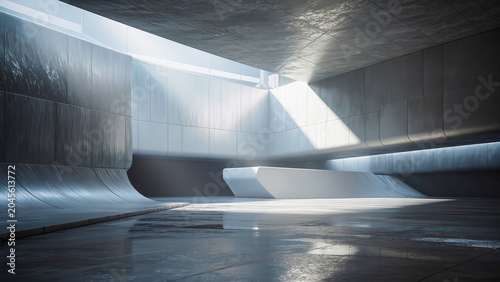 Futuristic brutalist interior of polished concrete and metal panels with light rays, minimalist podium