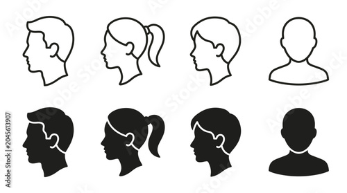 Man & Woman Head Silhouette Icon Set – Male Female Avatar Profile Face Logo Vector Collection