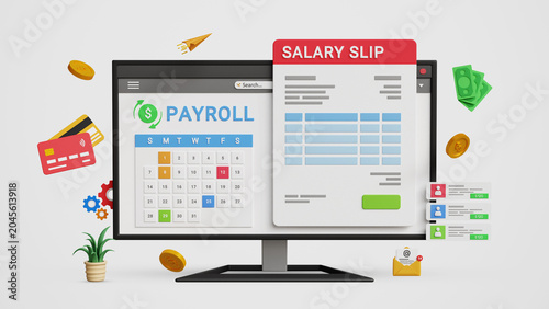 Payroll Management System. Salary Processing, Salary Automation, Payment Scheduling, Online Payroll Software, Fintech, Digital HR Solutions. Payroll Cycle Dashboard with Salary Slip on a Computer. 3D