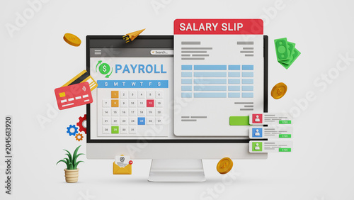 Payroll Management System. Salary Processing, Salary Automation, Payment Scheduling, Online Payroll Software, Fintech, Digital HR Solutions. Payroll Cycle Dashboard with Salary Slip on a Computer. 3D