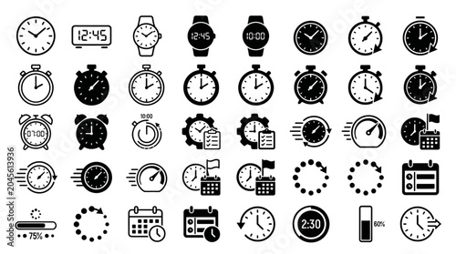Time & Clock Icon Set – Stopwatch, Timer, Watch, Speed Clock & Progress Loading Symbols Vector Collection