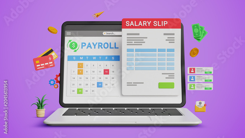 Payroll Management System. Salary Slip, Employee Compensation, HR Software, Wage Calculation, Pay Slip Processing, Fintech, Workforce Administration. Laptop with Payroll Cycle Interface. 3D Render