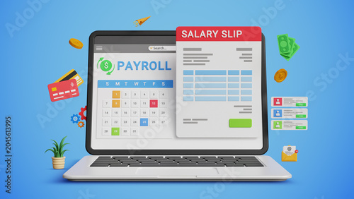 AI Payroll System. Salary Data, Payroll Cycle, Budgeting Graphs, Salary Slip. Digital Finance Management Concept. Payroll, Calendar and Salary Slip on Laptop. 3D Render