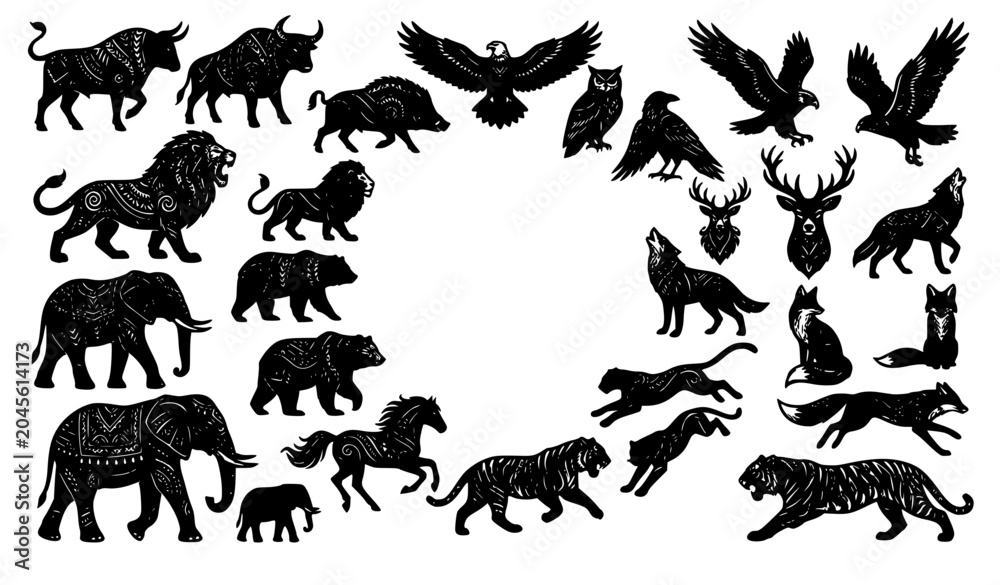 Obraz premium Tribal Wildlife Animal Silhouettes with Ethnic Geometric Pattern Vector Set
