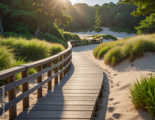 Sunny summer landscape with wooden boardwalk leading through green beach dunes to forest, natural outdoor trail in beautiful coastal setting with sunlight and sand