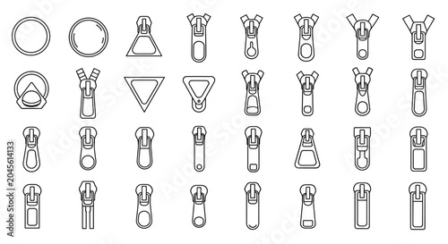 Collection of various zipper puller icons and slider designs shown in simple black line art for fashion, manufacturing, and design use.