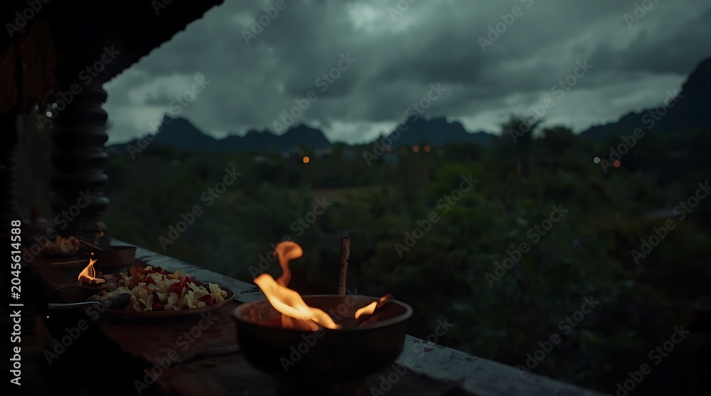 Obraz premium Fire burning on a dark landscape.