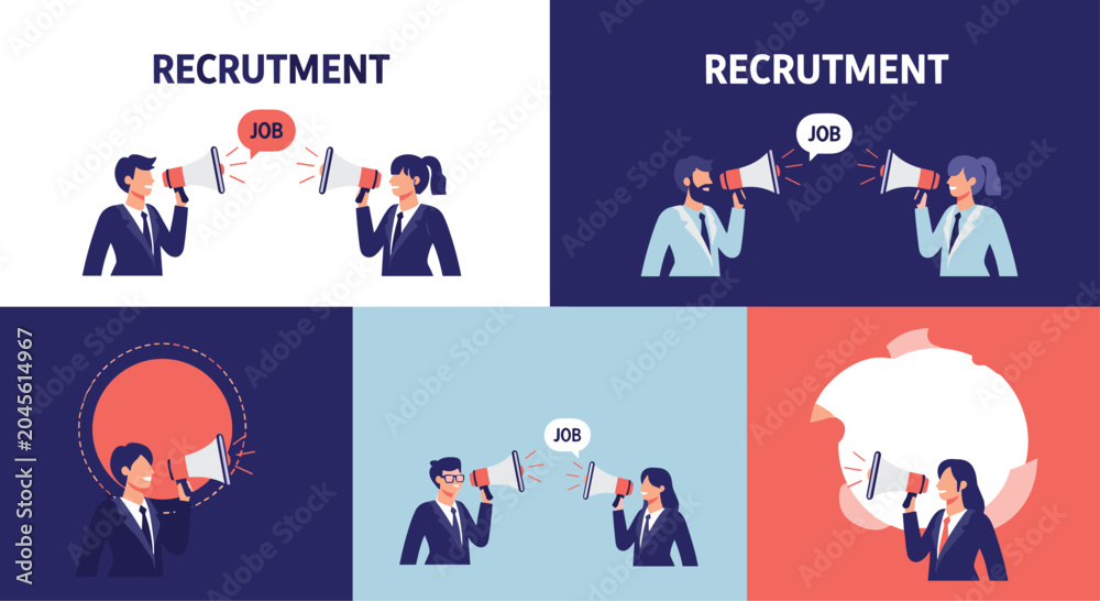 Naklejka premium Recruitment themed illustrations depict business people using megaphones to announce job opportunities against various backgrounds.