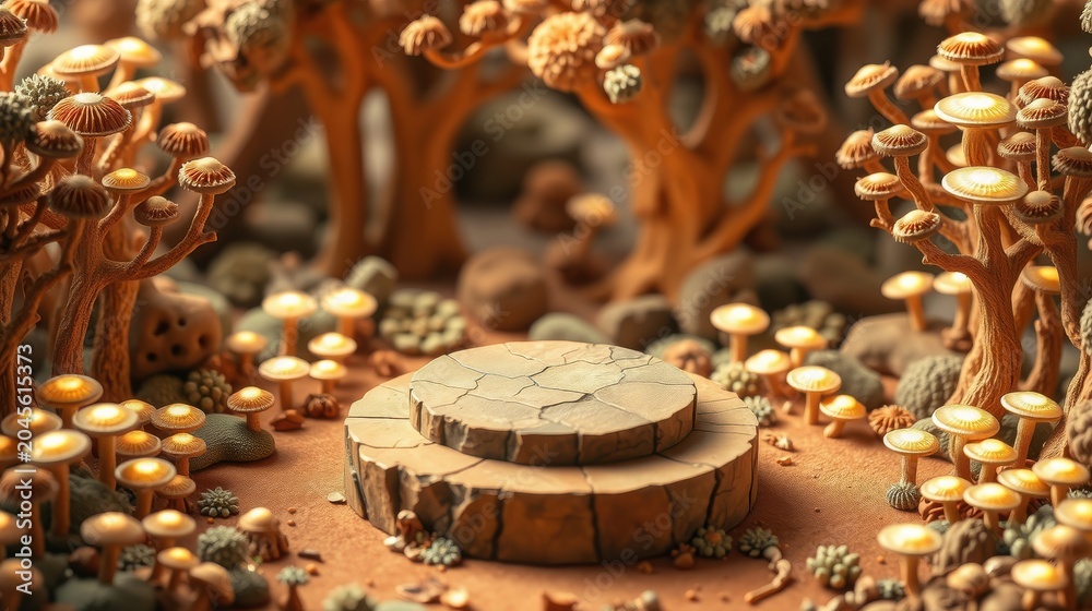 Naklejka premium Magical forest scene. Mushrooms grow around stone pedestal. Warm lighting creates whimsical atmosphere. Detailed miniature landscape.