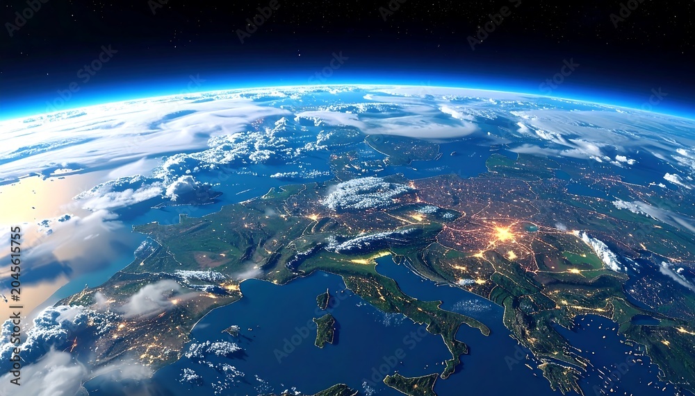 Fototapeta premium View of Europe from space shows landmass, water, cities illuminated at night, atmosphere, and starry sky above