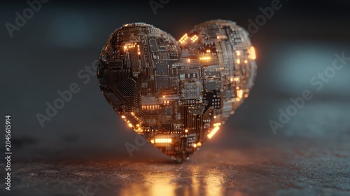 Futuristic heart shape composed of electronic circuit boards and illuminated components, symbolizing technology, innovation, digital connectivity, and modern electronics