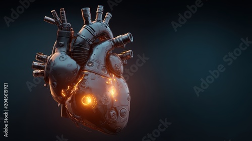 Futuristic robotic heart sculpture with glowing lights and mechanical details against dark background, symbolizing artificial intelligence, technology, and innovation
