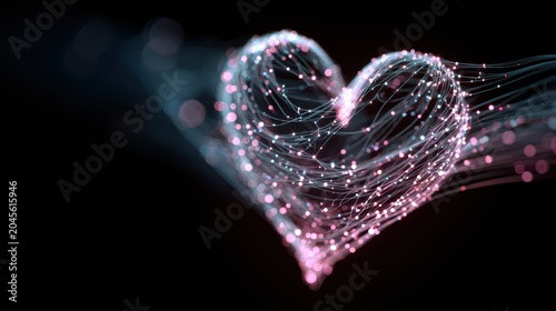 Abstract light heart shape with interconnected glowing pink and blue lines and dots on black background, representing love, connection, and digital data visualization