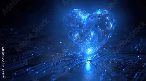 Futuristic digital heart made of glowing blue light and circuit patterns floating in a dark space, symbolizing technology, innovation, and electronic health care