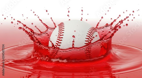 Baseball splashing into red liquid with dynamic splash and droplets