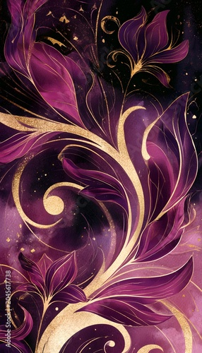 Opulent watercolor floral design evokes serene elegance with rich purple magenta gold accents