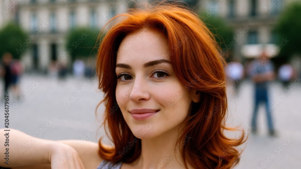Fototapeta premium Redhead woman smiling standing in urban public square