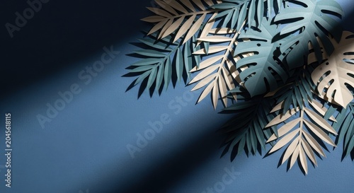 Paper tropical leaves on blue background with shadow