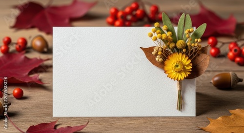 Autumnal greeting card with dried flowers and leaves