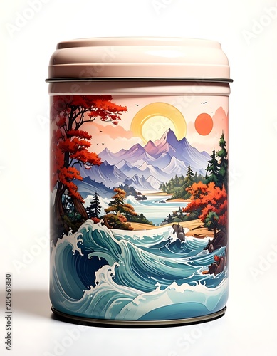 A serene mountain lake scene on a cylindrical container