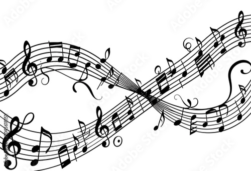 Black silhouette of curving musical staves isolated on white