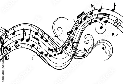 Elegant wavy music lines background with various notation symbols