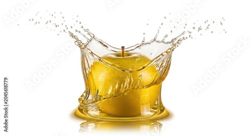 Yellow apple splashing in juice isolated on white background