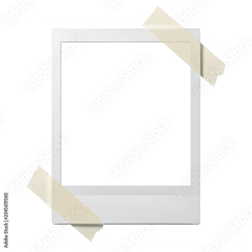 Blank photo frame with gold ribbon bow on top isolated on white background