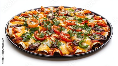 Vegetarian Enchilada Platter with Melted Cheese, Tomatoes, Peppers, and Cilantro Garnish