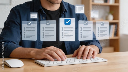 Man typing on keyboard with floating digital checklist icons and check marks, representing task completion, project verification, quality control, audit process and workflow