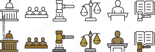 Legal Justice and Court Vector Icon Set Editable Stroke and Fill Transparent Background