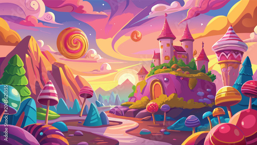 Whimsical Candy Castle Landscape during Sunset with Swirling Clouds and Sweet Mountains Vector Illustration