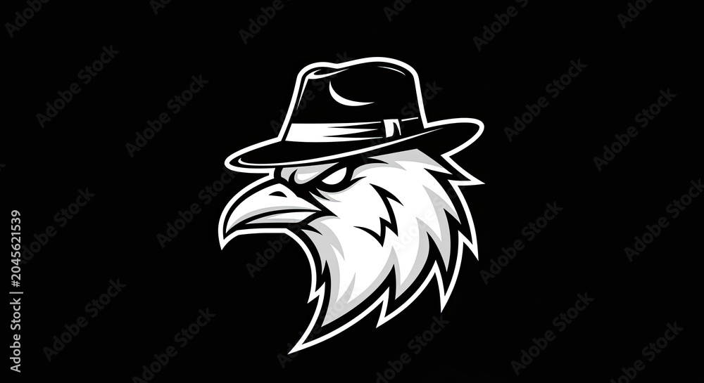 Fototapeta premium Stylized crow mascot wearing a black fedora hat logo.