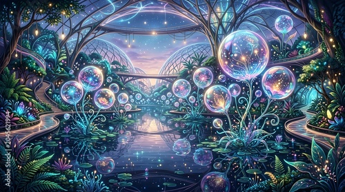 A vibrant and serene illustration of a fantastical garden with bubbles and plants