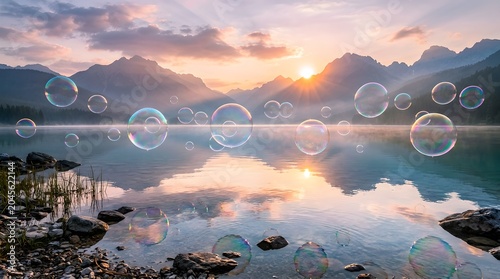 A serene lake surrounded by mountains at sunset with bubbles floating on the water